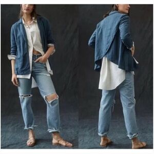 Anthropologie Blue Washed Linen Blend Open Front Tulip Back Blazer Jacket 6